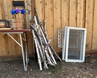 Birch logs, outdoor folding table, vintage wire screens