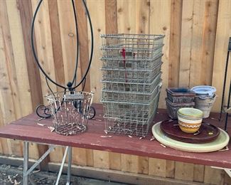 Vintage wire egg carrying basket, vintage locker baskets, assorted garden pots