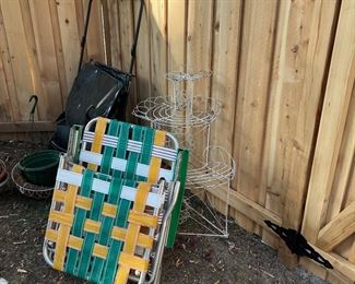 Rolling leaf sweeper, webbed lawn chair, Victorian corner wire plant holder on wheels