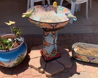 Talavera pottery and bird bath