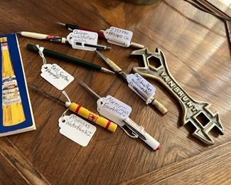 various advertising pens/mechanical pencils including Cicago Northwestern, The Milwaukee Road - Route of the Hiawathas, Bell System Property, Steffke Freight .                      John Deere Vanbrunt wrench and a Galliano 80 proof recipe booklet