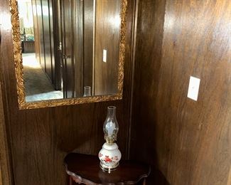 framed hall mirror, half moon end table