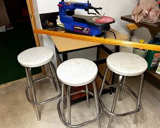 3 GREAT chrome legged kitchen stools, 16" table jig saw and vintage 4' ruler.