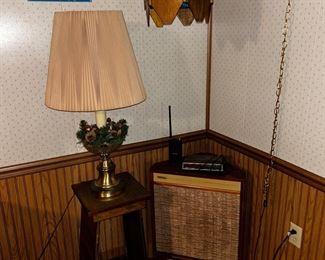 one of two vintage Terminal corner speakers (12" woofer, 12" tweeter with 8 ohms), end cap, lamp and hanging ceiling lamp.