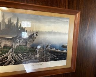‘Misty Morning Wolves’ artist - Robert Hinton, numbered, matted & framed.