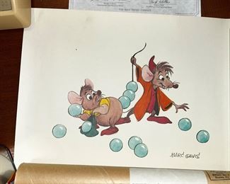 This is a Cinderella productions sketch with Gus & Jaq signed by animator Mark Davis with COA.