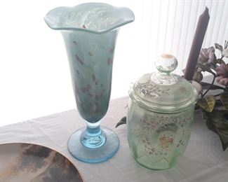 Art glass vase 
Hand decorated  glass jar with lid 