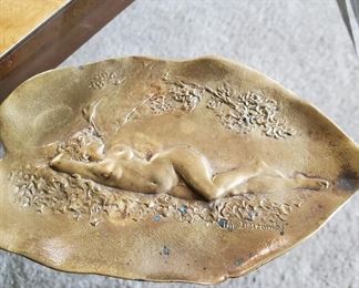 Joe Descomps , Nude image on leaf
Cast metal brass-patina, signed
Approximately  8" in length