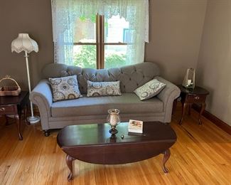 Sofa, Drop leaf end tables and coffee table, floor lamp
