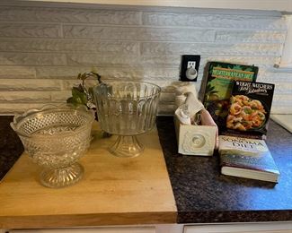 Cut glass footed Dessert Dishes, painted drawer, cookbooks