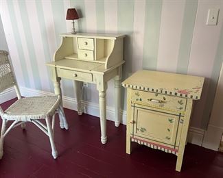 Shabby chic night stand, desk, wicker chair