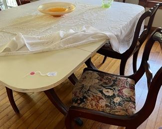 dining room table and four chairs, painted table top - 3 leaves (Duncan Fyfe)