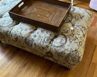 Extra large upholstered ottoman and wicker tray