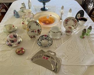 Misc tea cup sets and glass ware, Blue Indiana glass footed fruit bowl with original box