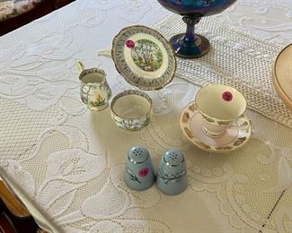 Blue Indiana glass footed fruit bowl, salt pepper shakers, misc tea cups