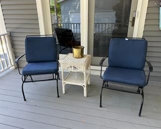 Wicker table, Brass planter and Heavy Comfortable metal chairs