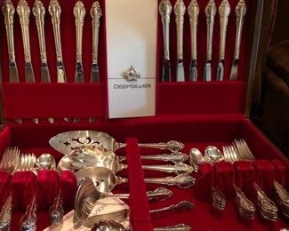 Deep Silver- silver-plated flatware, 12 place settings, and 8 serving pieces in original storage case