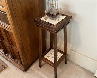 Vintage Wood and Tile Two Tier Plant Stand