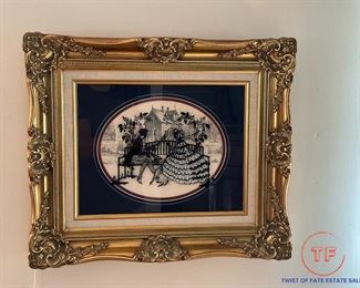 Vintage Silhouette Reversed Painted on Glass in Gold Gilt Frame