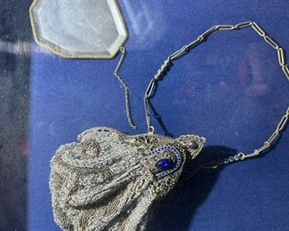 Antique Mesh Bag with Mirror in Vintage Display Shadow Box