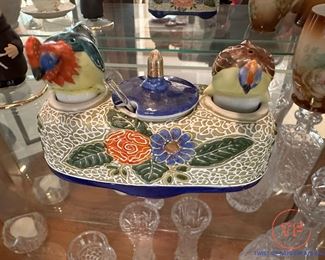 Vintage JAPAN Moriage Condiment Set Nodding Bird Salt & Pepper Covered Jelly with Tray