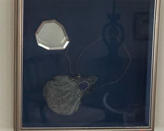 Antique Mesh Bag with Mirror in Vintage Display Shadow Box