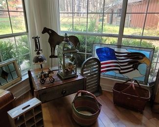 industrial lamp, basket, rolling basket, stained glass