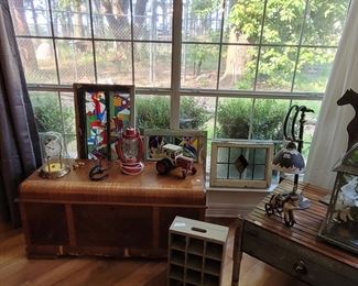 chest, stained glass, vintage international tractor, lantern, industrial table