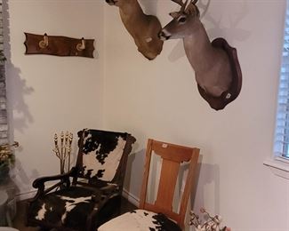 Antique spring rocker, antique rocker, deer mounts