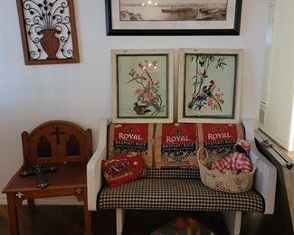 carved wooden chair, heavy church pew, tiffany lamp shade