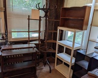 Handy corner shelves, plastic shelves and all wood shelves. Coat rack $5.00. 