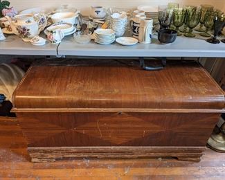 Cedar chest, glass ware, stem ware, tea set. 
