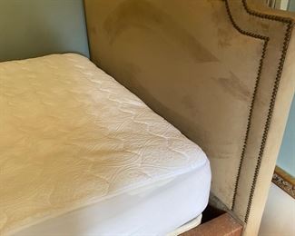QUEEN bed headboard and base tan velour headboard and velour and rust metallic fabric base.  $300
Mattress $300 . 