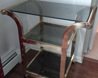 Gold Toned Rolling Cart Bar W/ Glass Shelves
