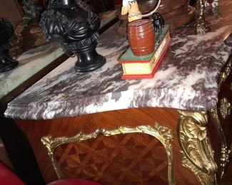 Antique Buffet Cabinet W/ Gold Trim & Marble Top