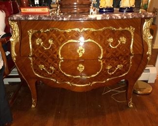 Antique Buffet Cabinet W/ Gold Trim & Marble Top
