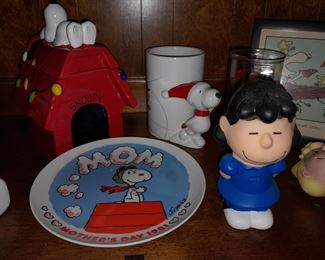 Snoopy Dog House Cookie Jar, Ice Skating Vase, Mom Plate, & Lucy Vinyl Squeaker Doll