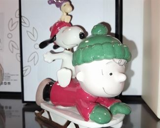Lenox Charlie Brown, Snoopy, & Woodstock Sledding Figurine W/ Box