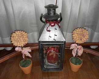 Lantern & 2 Faux Plants