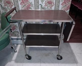 Chrome & Wood Laminate Rolling Bar Cart