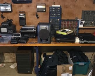 Electronics , misc nut/bolt boxes, travel bags