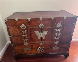Korean 19th Century Tansu Wedding Cabinet with Butterfly Mounts