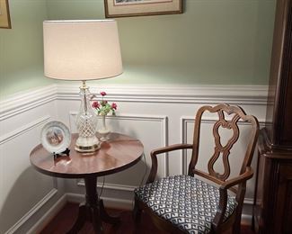 Thomasville Upholstered Armchair (pr) with Round Pedestal End Table & Waterford Lamp