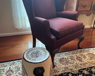 Hickory Queen Anne Upholstered Armchair & Chinoiserie Ceramic Garden Stool