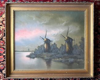 Framed Windmills Original Oil on Canvas Signed by Groven