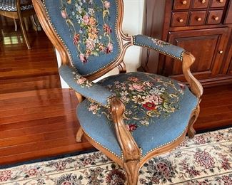 Antique Victorian Carved Walnut and Needlepoint Parlor Armchair