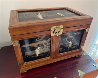 Large Vintage Jewelry Chest with Asian Figures