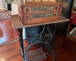 Vintage Marble Top Sewing Table with Antique J&P Coats 2 Drawer Wooden Sewing Spool Cabinet & Antique Needle Cabinet