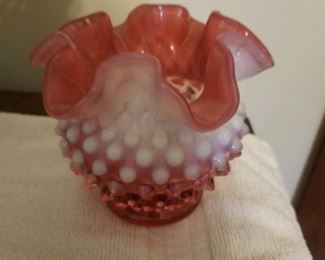 Fenton cranberry opalescent hobnail dbl crimped vase