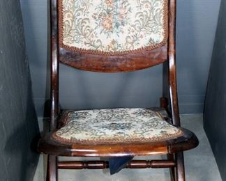 Antique Carved Wood Upholstered Folding Rocking Chair, Seat Has Some Wear, 31.5" x 17.5" x 29"